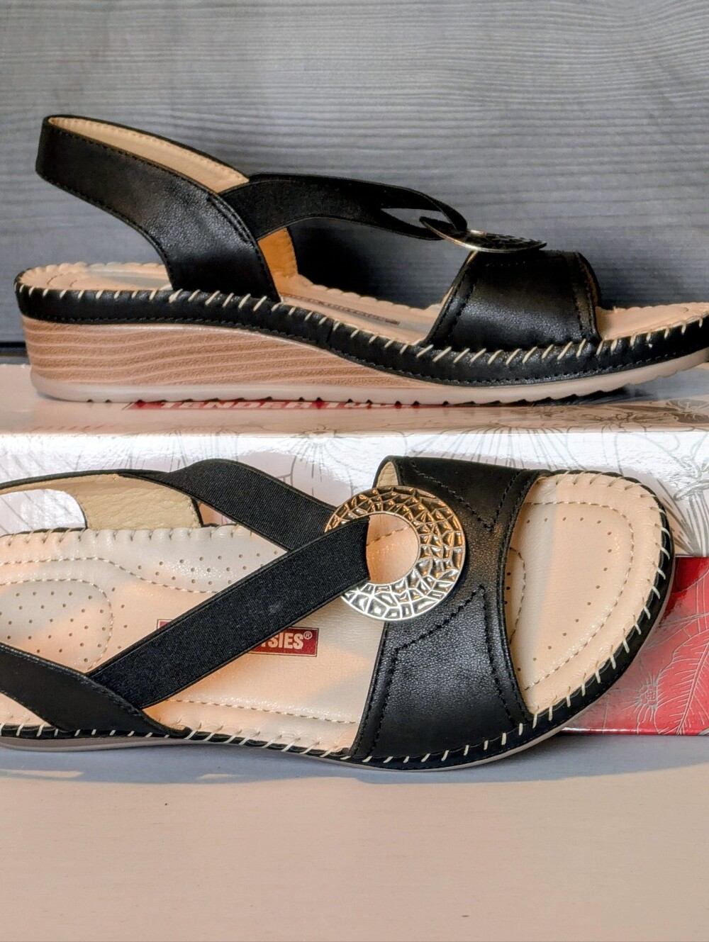 Black Womens Slingback Sandals with Decorative Silver Ring Accent